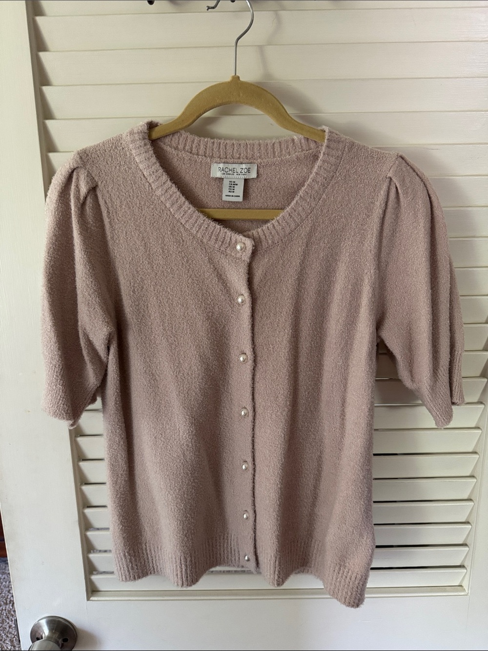 Rachel Zoe Dusty Blush Pearl-Button Puff Sleeve Cardigan